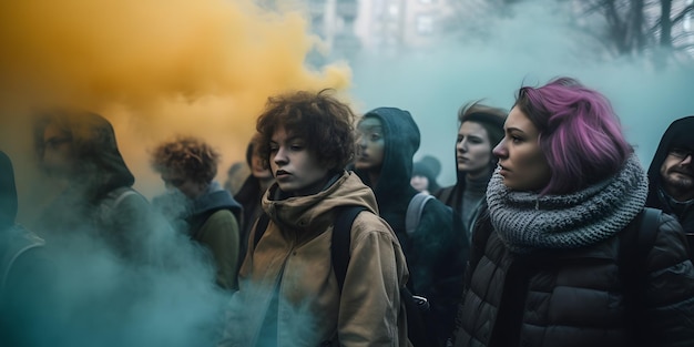 Group of people protesting and holding abstract signs giving slogans in a rally group of demonstrators protesting in the city generative ai gas smoke in the crowd