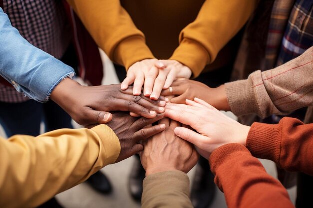 A group of people putting their hands together