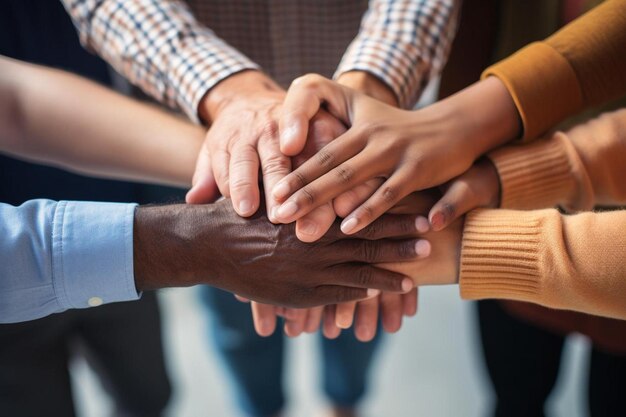 a group of people putting their hands together