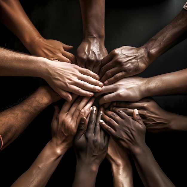 A group of people putting their hands together