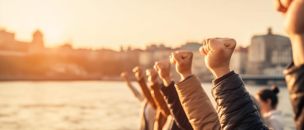 Photo group of people raised fists up as a victory