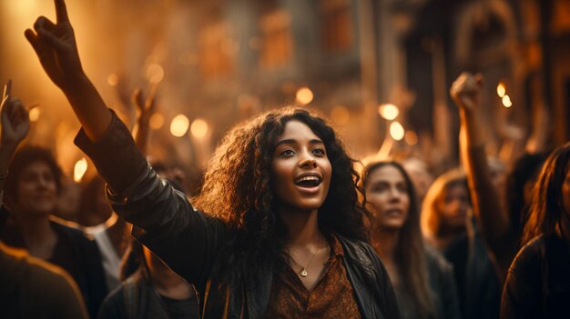 Photo a group of people raising their hands in the air at evening moment