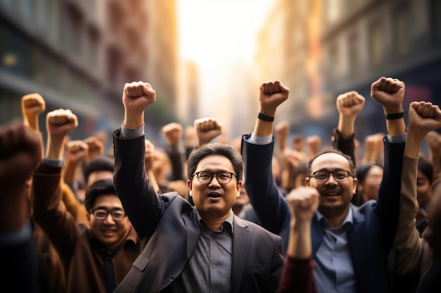 Группа людей поднимает руки вверх с поднятыми кулаками Генеративный ИИ