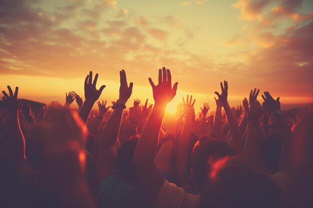 a group of people raising their hands in the air