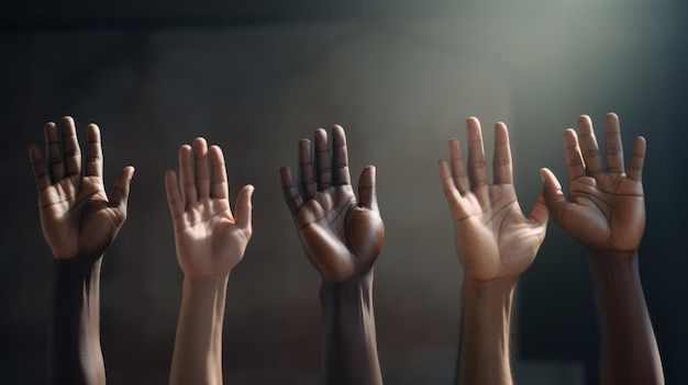 Photo a group of people raising their hands in the air