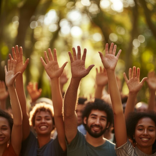 A group of people raising their hands in a forest