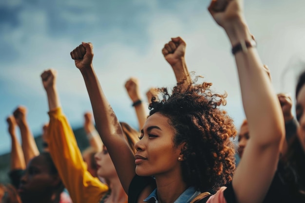 Foto gruppo di persone che alzano le mani in unità ai generativa