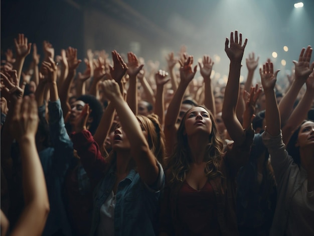 Photo group of people raising their hands in a