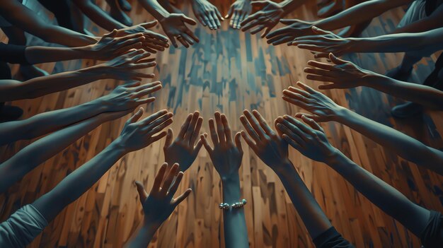 Photo a group of people reaching their hands in to the center of a circle