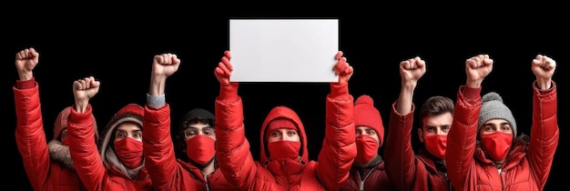 Foto un gruppo di persone con le maschere rosse che tengono in alto un cartello ai.