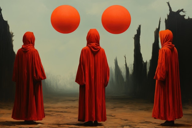 Photo a group of people in red robes standing in front of three orange balls ai