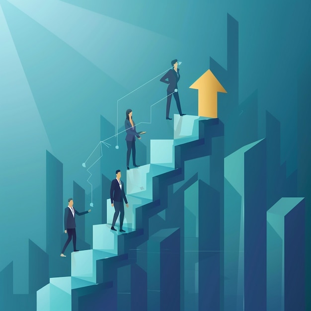 a group of people on a red staircase with an arrow pointing up