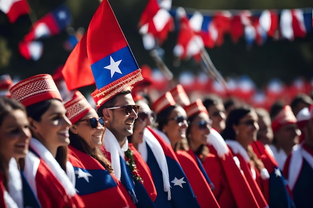 A group of people in red, white and blue are standing in front of a flag.