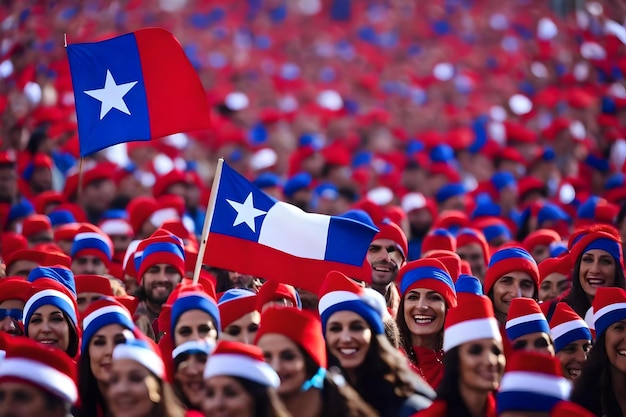 A group of people in red, white, and blue hats are in a crowd of people