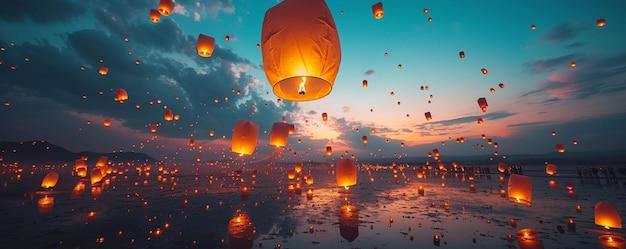 Photo a group of people releasing chinese lanterns background