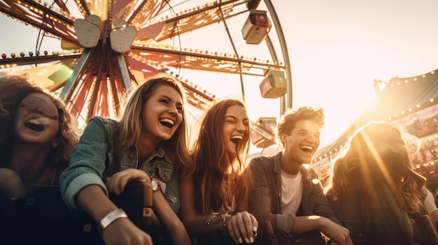 A group of people ride a ferris wheel at a fair.