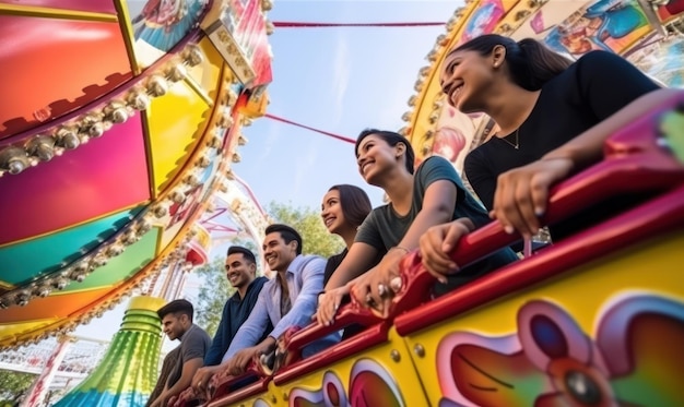 A group of people ride a ferris wheel at the fairground.