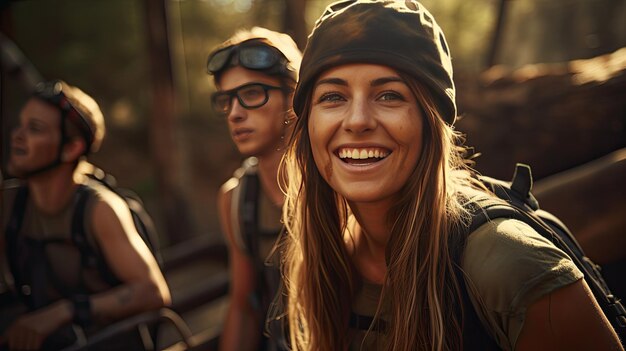 Photo group of people riding on back of train fun and adventurous travel experience