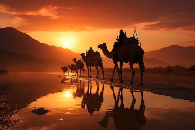 Photo a group of people riding on the backs of a camel