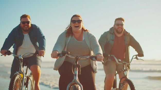 Photo a group of people riding bicycles on the beach one of them has a smile on her face