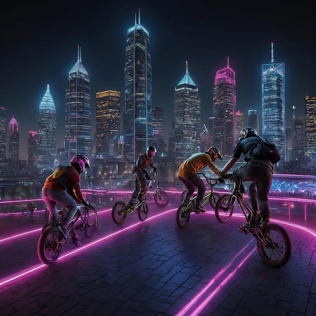 a group of people riding bikes in a city at night