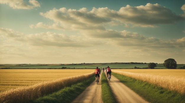 a group of people riding bikes down a dirt road in a field