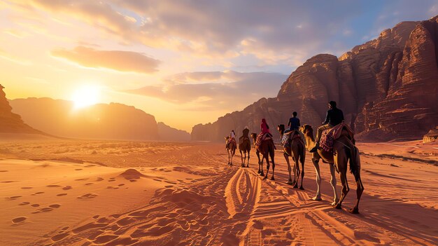 Foto un gruppo di persone a cavallo di cammelli nel deserto il sole sta tramontando e il cielo è un arancione brillante