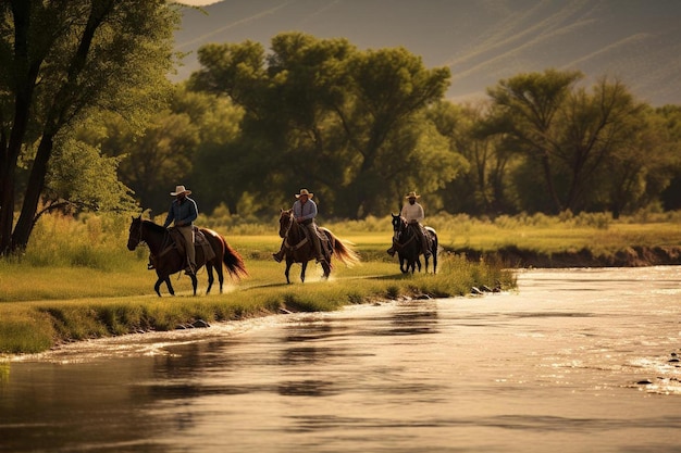 a group of people riding horses along a river