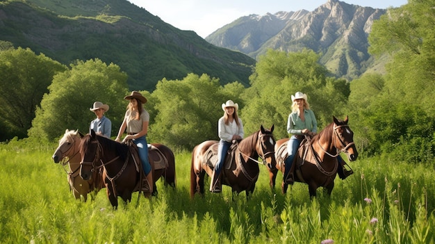 Группа людей верхом на лошадях в поле с горами на заднем плане