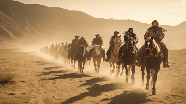 A group of people riding horses through the desert