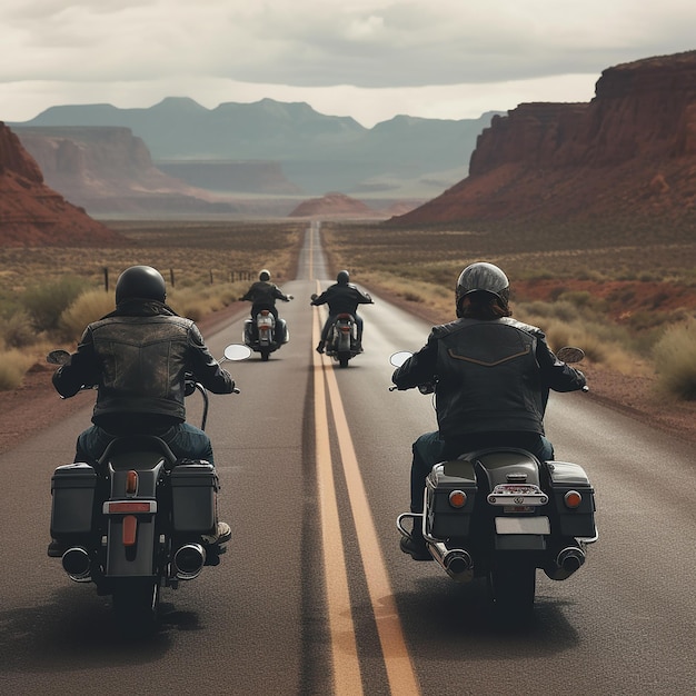 Photo a group of people riding motorcycles down a road with mountains in the background