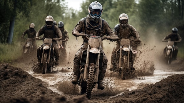 A group of people riding motorcycles in mud