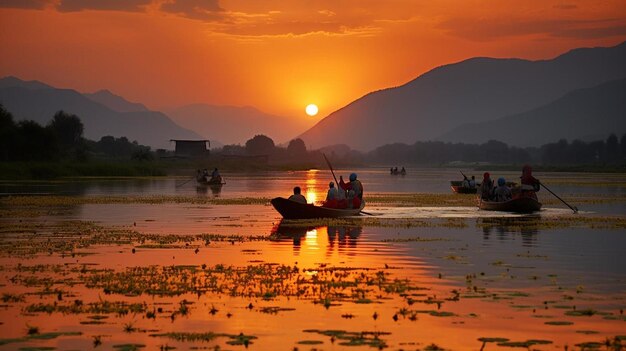 Photo a group of people riding in small boats on a lake