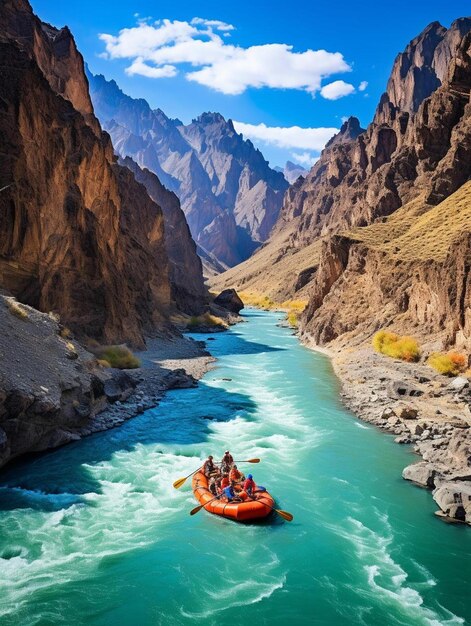 a group of people riding on top of a raft down a river