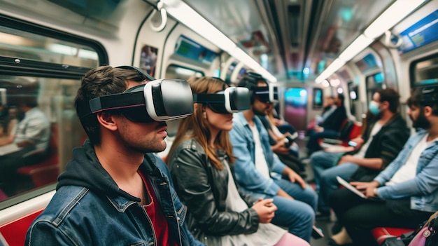 Группа людей едет на поезде с виртуальными наушниками
