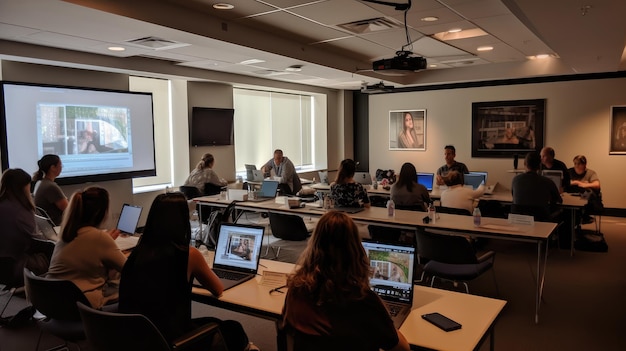 A group of people in a room with laptops and a screen that says'the word " on it.