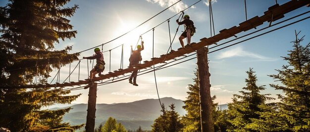 Photo a group of people on a rope bridge with mountains in the background