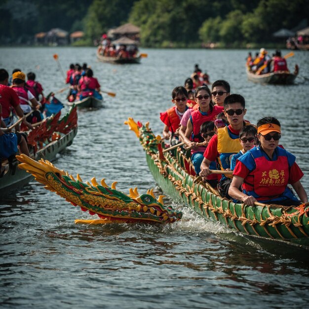 Photo a group of people rowing a boat with a dragon boat on the front