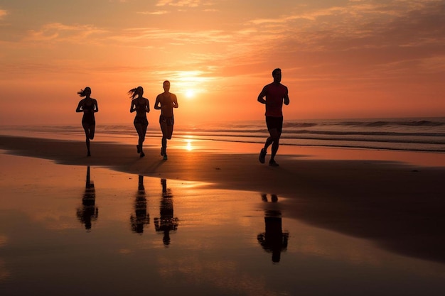 a group of people run along the beach at sunset.