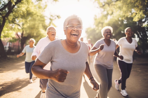 Photo a group of people run in a park, one of them is wearing glasses and the other is wearing glasses.