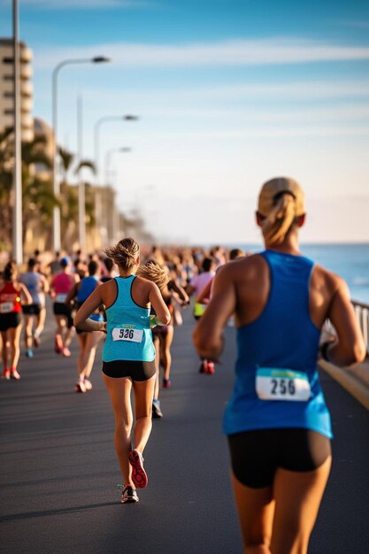 Photo a group of people running down a road next to the ocean