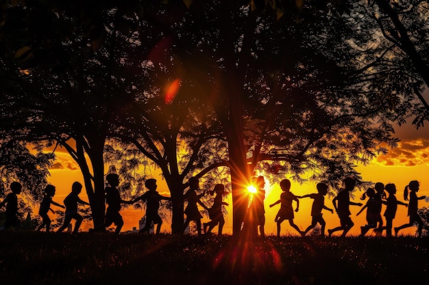 A group of people running in a park at sunset