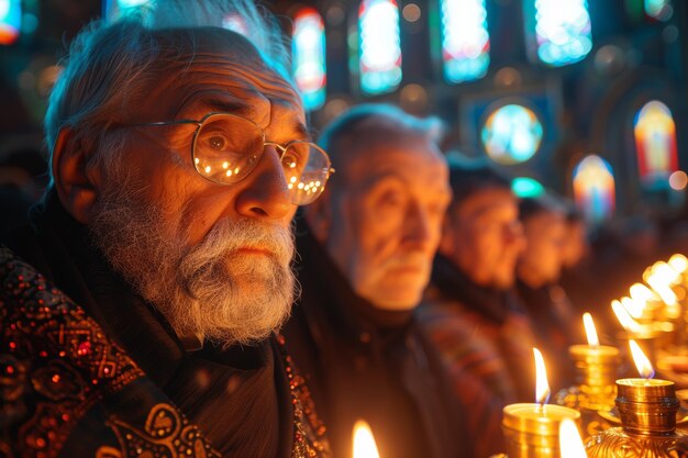 Photo group of people seated in front of candles