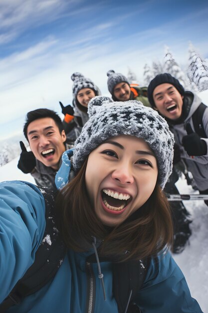 雪の山でセルフィーを撮る人々のグループ