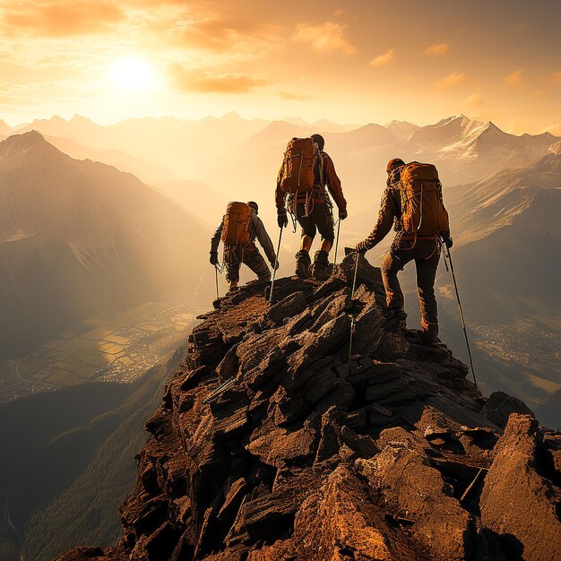 Foto gruppo di silhouette di persone in cima alla montagna che si aiutano a vicenda concetto generato da ai