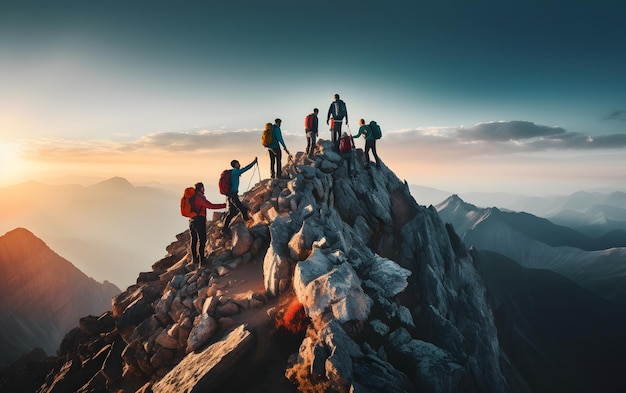 山頂登山の人々のグループのシルエットが互いに助け合うコンセプト