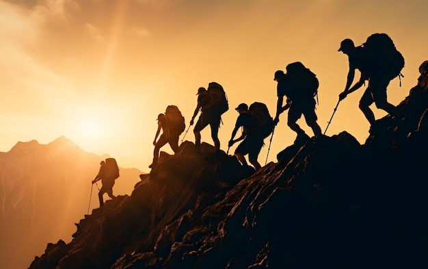 Group of people silhouettes on peak mountain climbing help each other concept