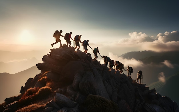 Group of people silhouettes on peak mountain climbing help each other concept