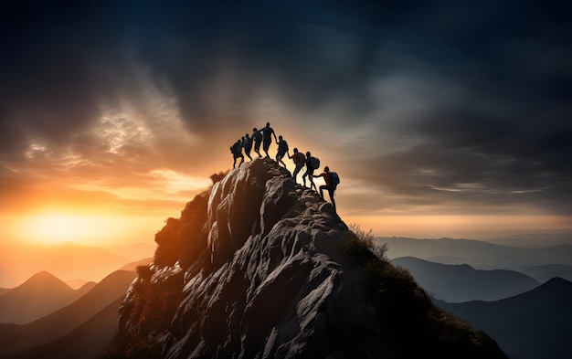 Group of people silhouettes on peak mountain climbing help each other concept