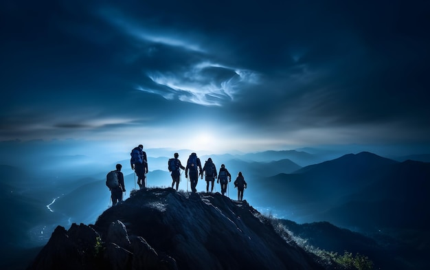 Photo group of people silhouettes on peak mountain climbing help each other concept